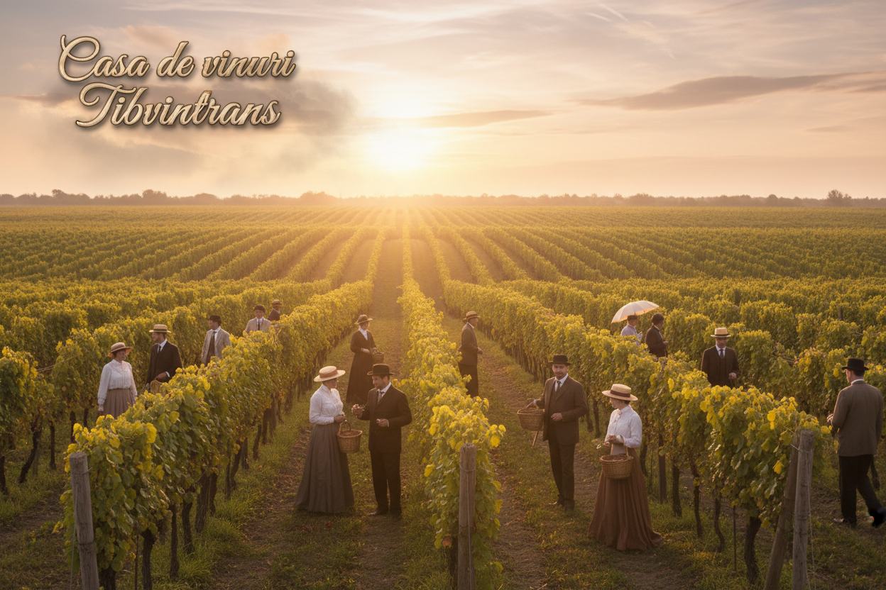 O podgorie de vin, cu oameni printre randuri care par din trecut, cu tonuri luminoase, si sa aiba incorporat Casa de vinuri Tibvintrans într un mod elegant si minimalist