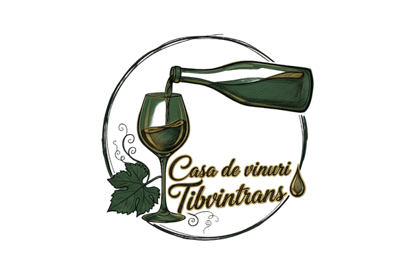 un logo cu un pahar de vin jumatate plin, o sticla de vin care se toarna in pahar iar de la o picatura sa se formeze scrisul Casa de vinuri Tibvintrans, sa fie incorporata o frunza de vita de vie, scrisul sa fie din culorile negru si auriu, totul sa para desenat iar fundalul logoului sa fie culoarea 224229 din paleta de culori